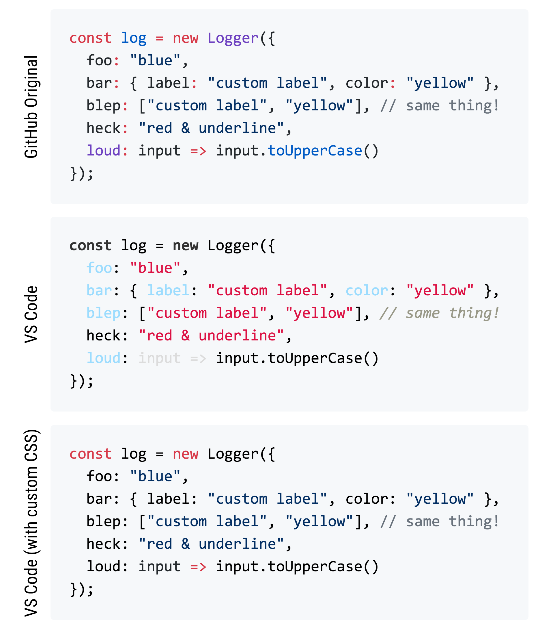 The same block of code, compared in GitHub, VS Code and VS Code with custom CSS